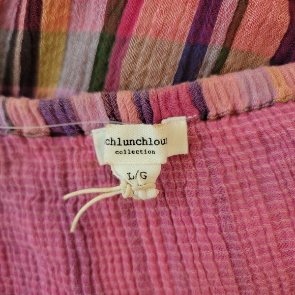 Beach Lunch Lounge Women's Red Orange Plaid Peasant Top Sz L Off Shoulder Gauze - Picture 10 of 12